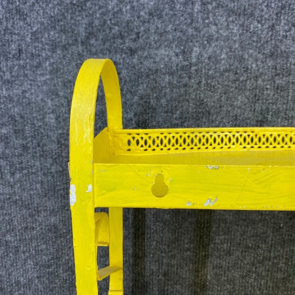 Vintage Yellow Metal 2 Tier Wall Shelf Scrollwork Gallery Rail 14x12x4